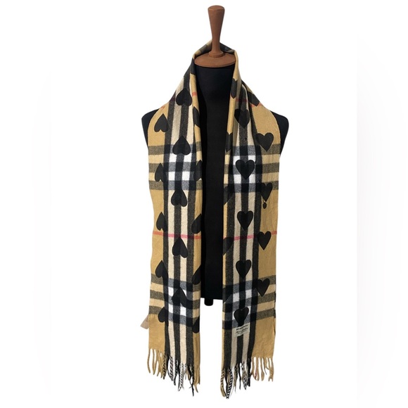 BURBERRY Classic Nova Check Plaid Cashmere Black Heart Beige SCARF (B-16/56) - Picture 3 of 5